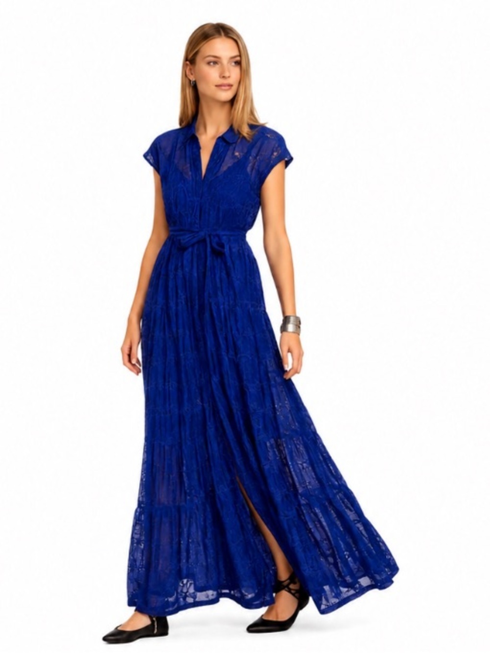 Johnny Was Marina Joy Silk Maxi Dress Sailor Blue Eyelet Small Like New!
